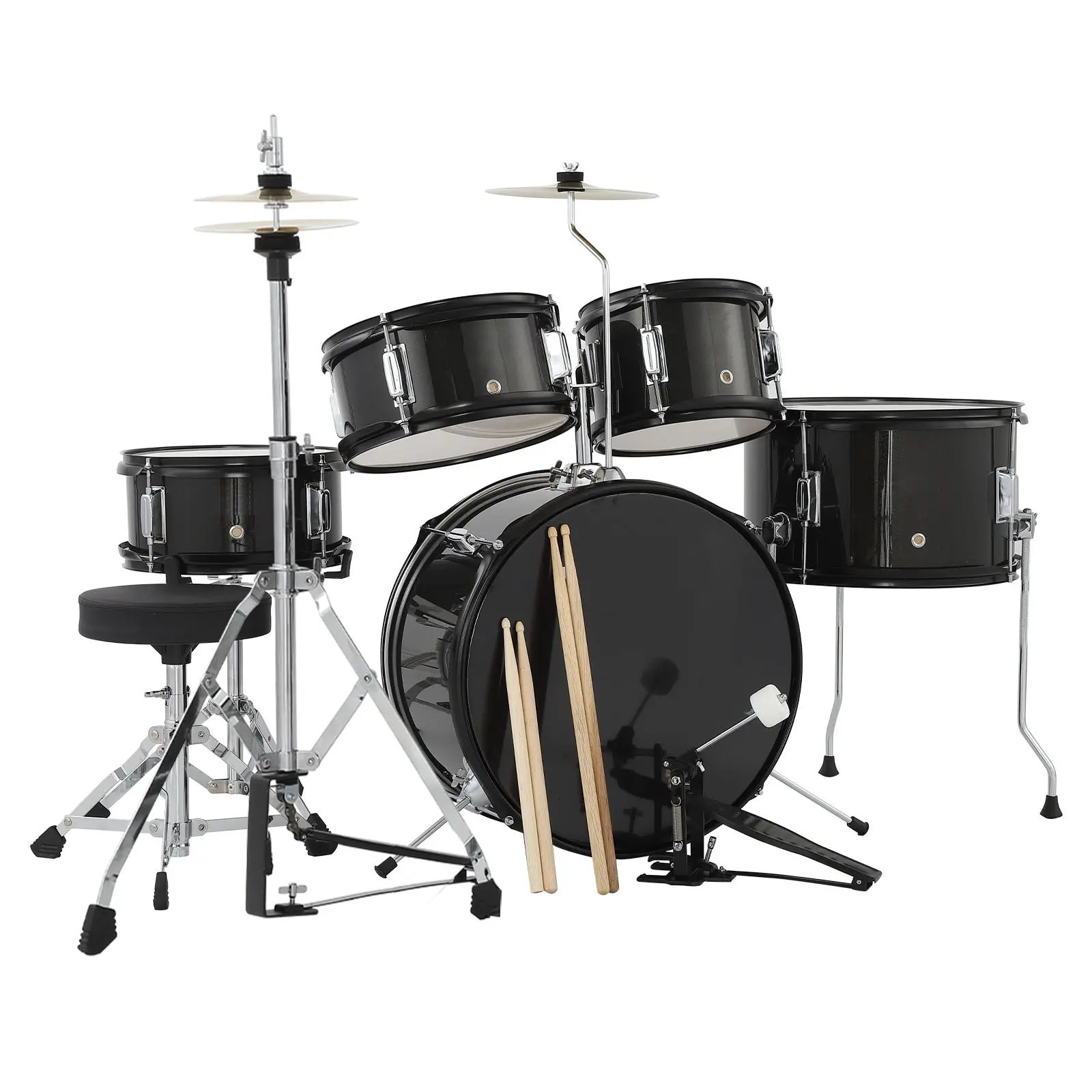 Beginner Kids Drums 5-Piece 16" Junior Percussion Kit - Bass, Tom, Snare, Hi-Hat, Cymbal, Pedal, Drumsticks, Adjustable Stool - Black Musical Instrument for Kids