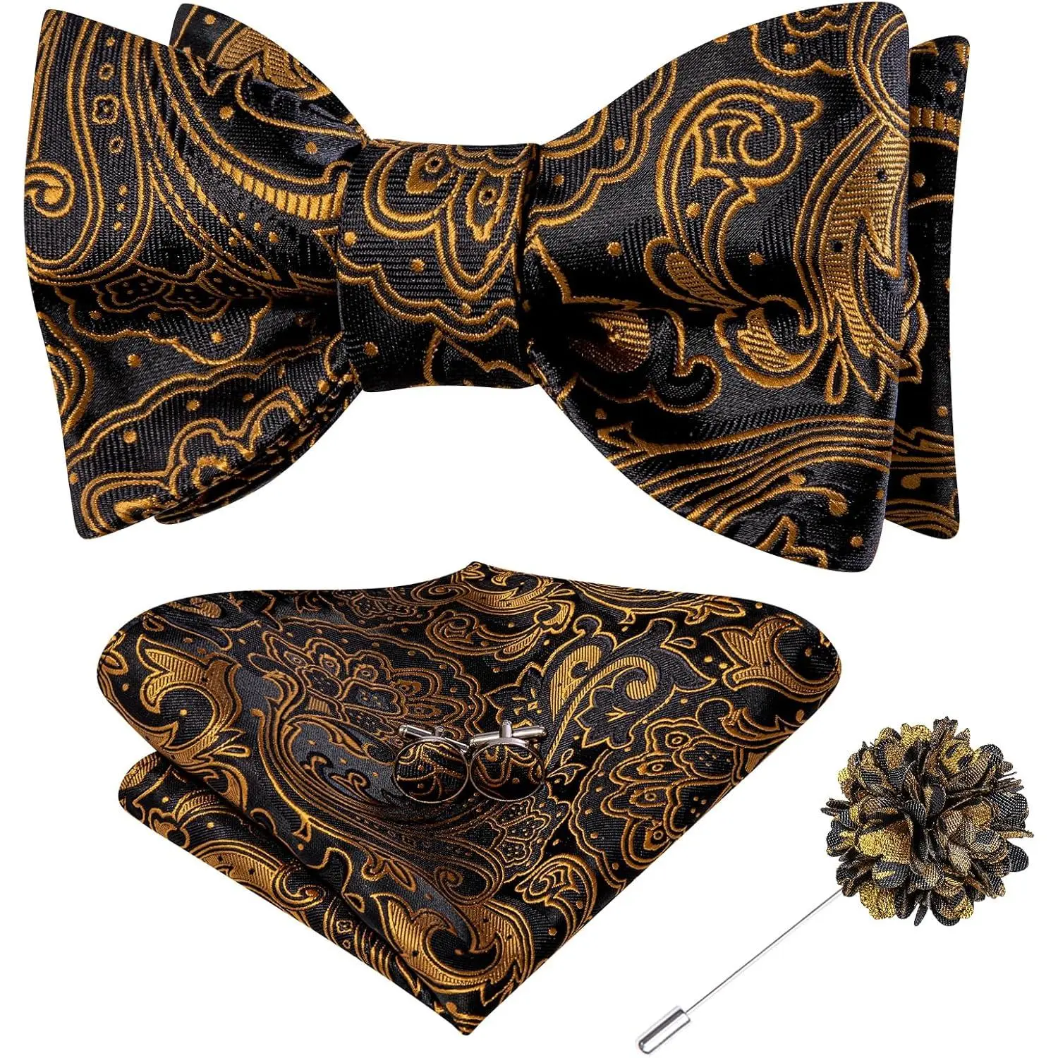 Men's Bow Tie Set Pack with Classic Self-Tie Paisley Print, Includes Handkerchief Cuff, Cufflinks, and Lapel Pin for Formal Wedding Wear, Male, Multiple Items