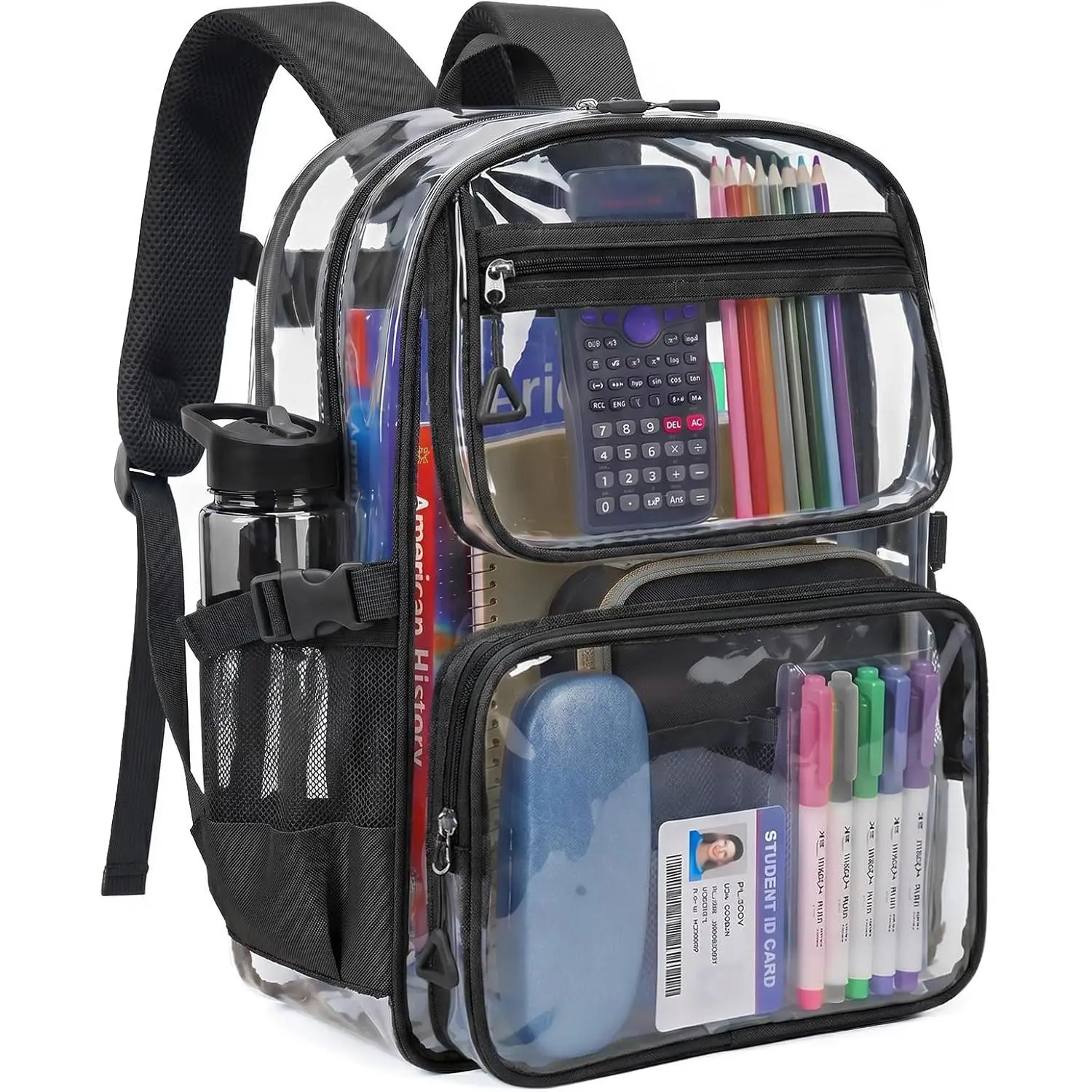 Clear Backpack for School, Heavy Duty PVC Transparent Bookbag with Laptop Compartment for Girl Boy, Large Capacity See Through Clear Bag for Stadium Events College Security Travel, Black