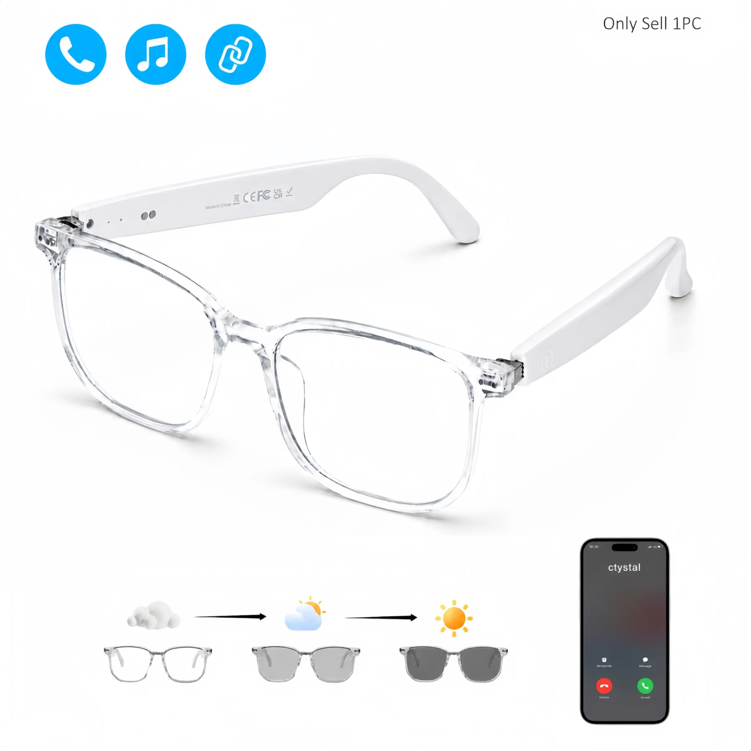 Photochromic Bluetooth Smart Glasses, Open-Ear Audio Sunglasses with Built in Speakers, Music Playback, Calls and Voice Assistant
