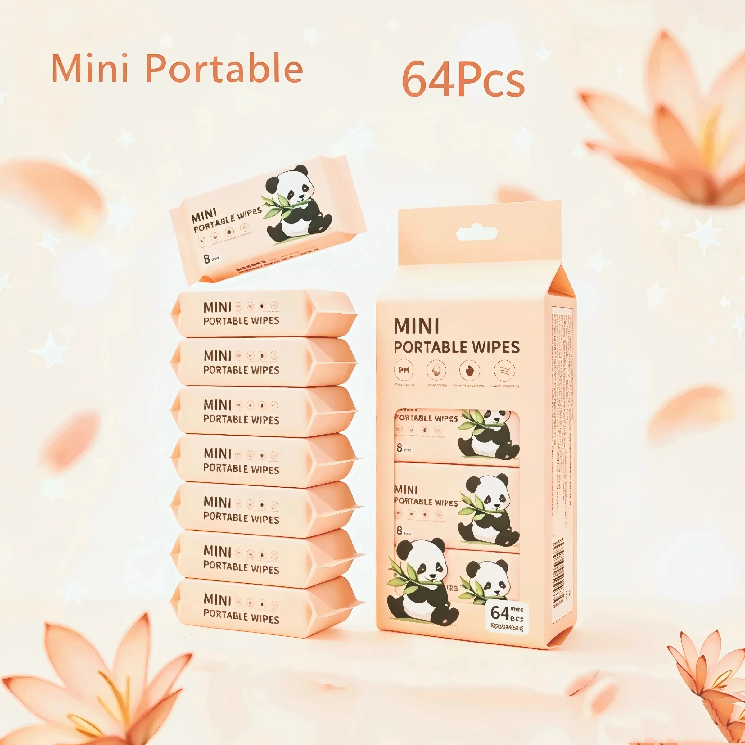 64-Pack Mini Portable Wet Wipes, Alcohol-Free Disposable Face Cloths, Neutral Travel Essentials, Unscented, Ideal for Outing and Pet Care