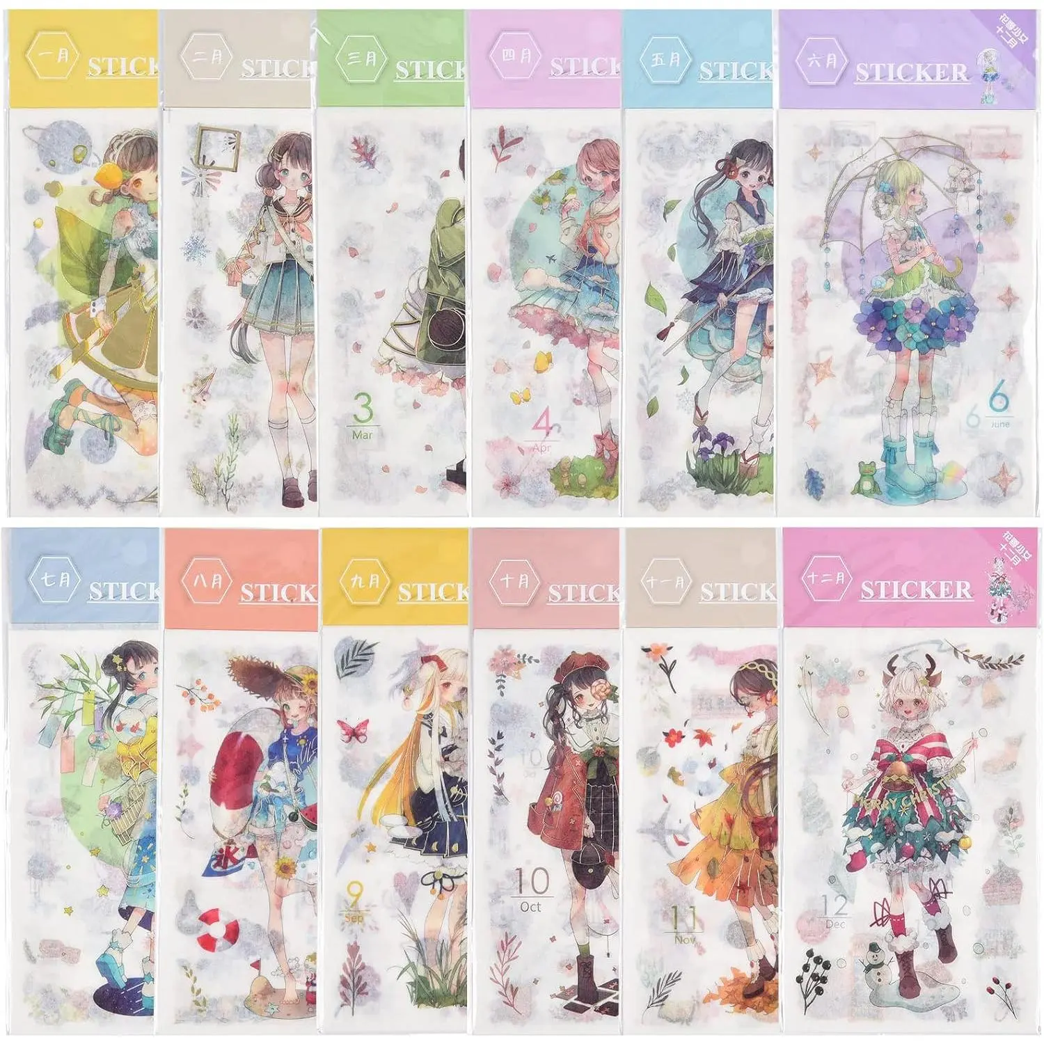 72 Sheets Cartoon Months Girl Scrapbooking Stickers - Washi Sticker Diary Stationery Calendar Decorative DIY Craft for Journaling Scrapbook Journal Planner Album Phone Cases Cups