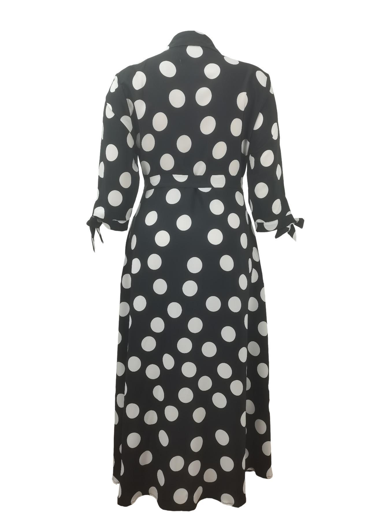 Plus Size Polka Dot Print Belted Button Front Shirt Dress, Elegant 3/4 Sleeve Tie Front High Waist Long Dress for Vacation Holiday Party, Women's Clothes for Summer