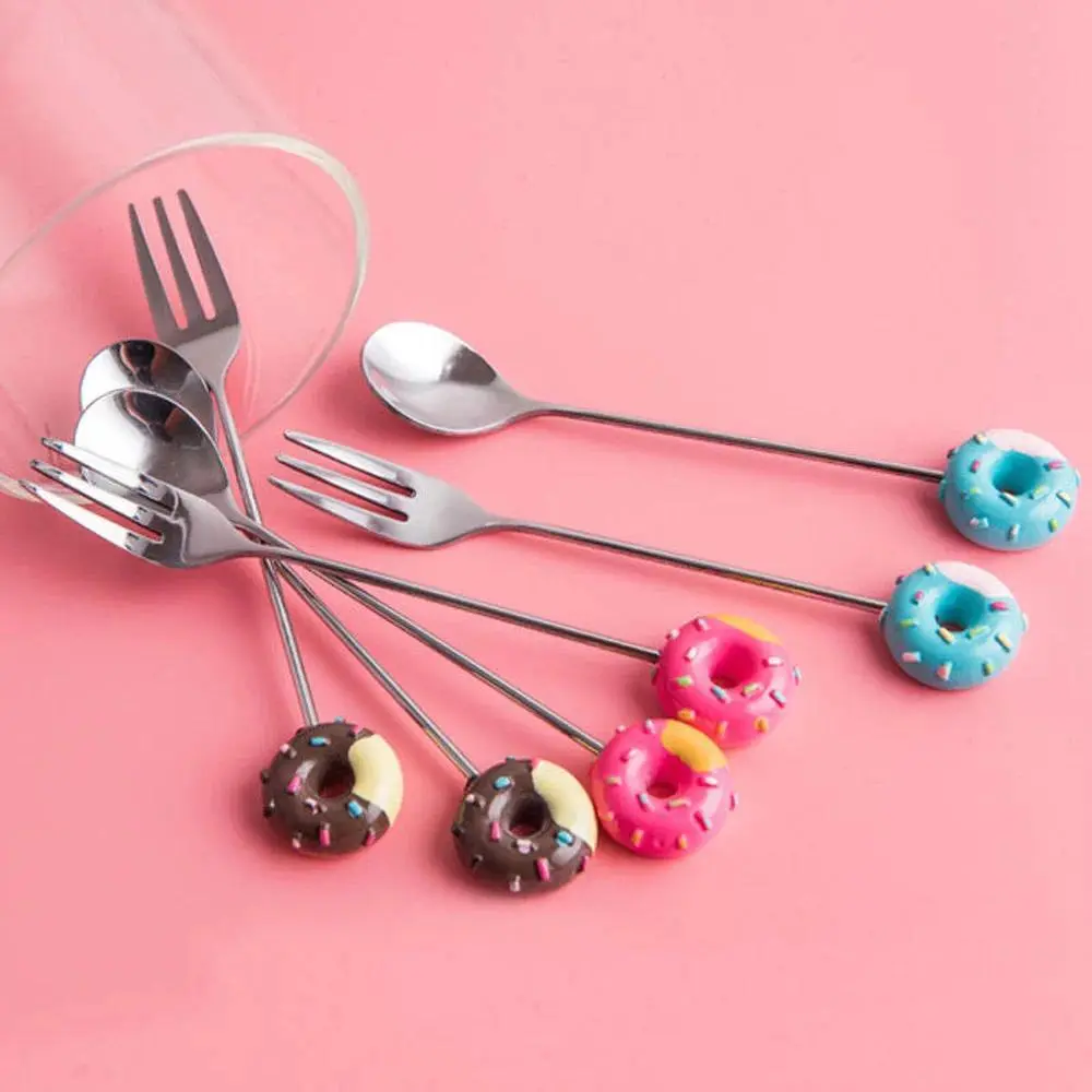 High-Quality Stainless Steel Donut Decor Spoon-Fork with Plastic Handle, 12.8x2cm Kitchen Cutlery for Kids, 1 or 4pc Blue/Pink Spoon Option for Coffee, Ice Cream