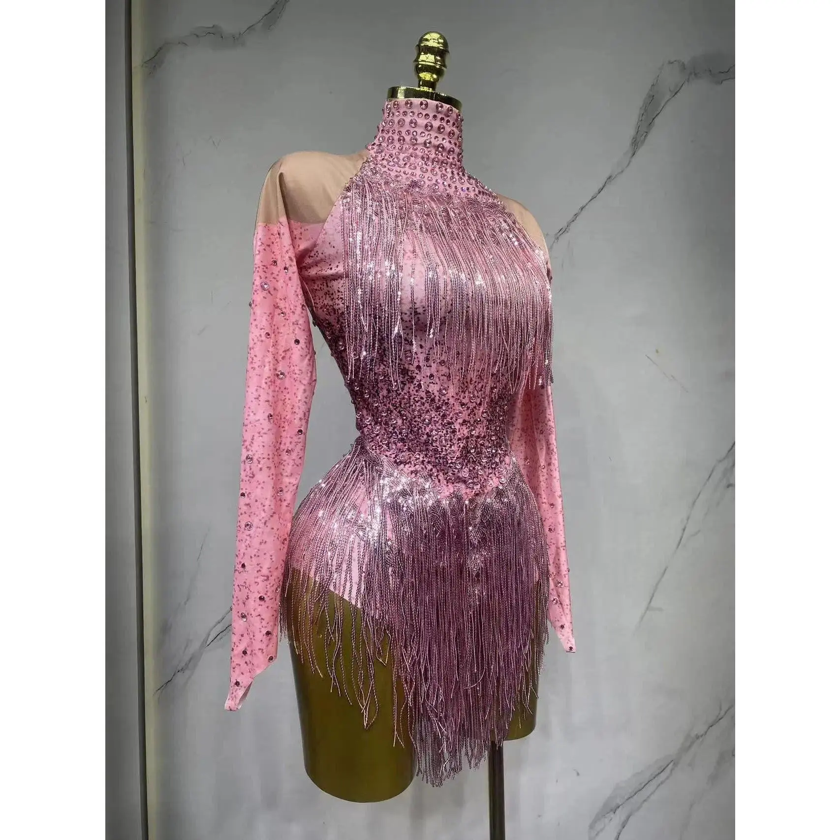 Women's Sparkly Rhinestone Sequin Tassel Bodycon Cut Performance Bodysuit, Acrylic-Nylon-Polyester Fabric, Sexy Stage Wear for Singers Dancers, Rhinestones