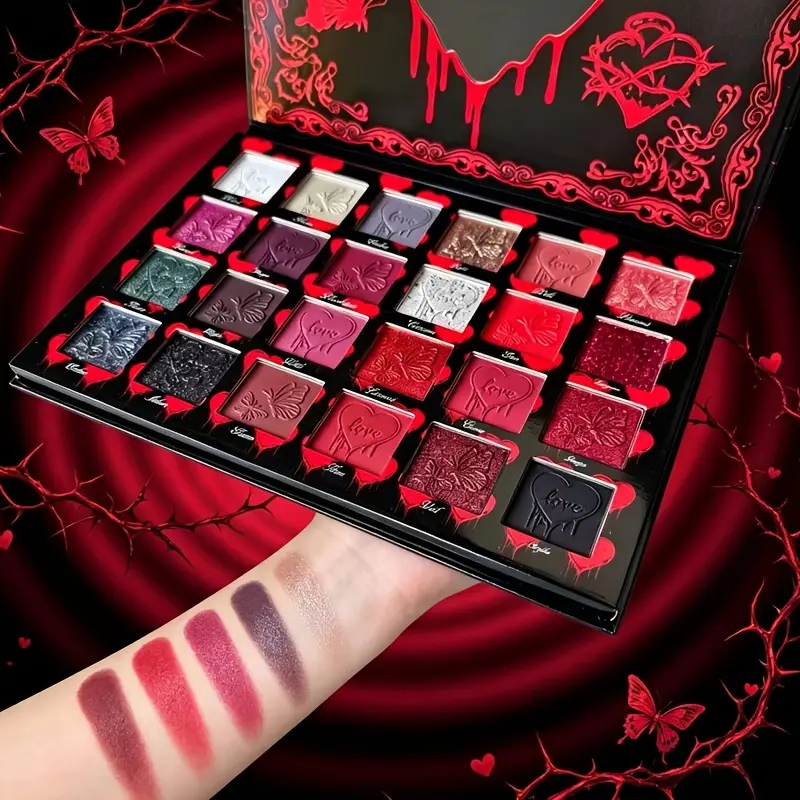 24 Shades Matte Shimmer Glitter Gothic Eye Shadow, Dark Red Butterfly Pattern Makeup Palette for Halloween Party
