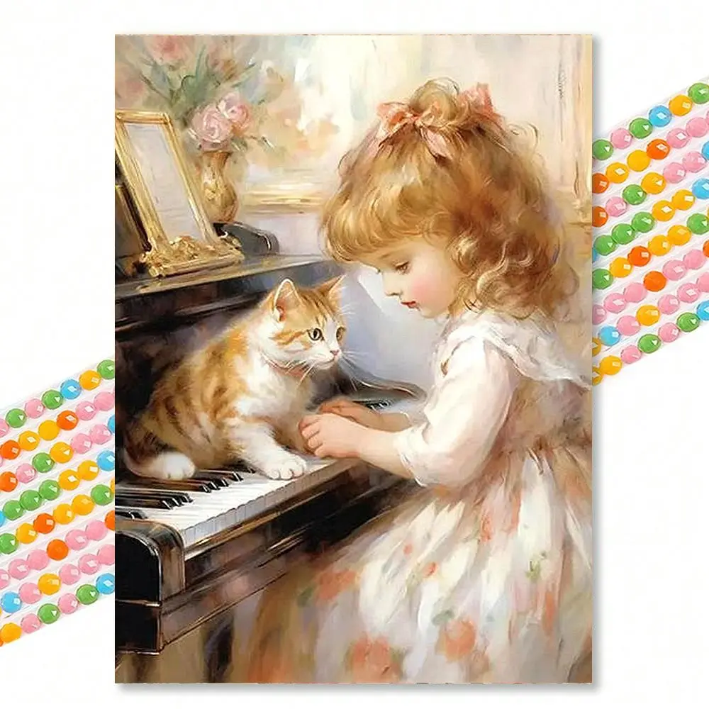 1Pc 30×40cm Piano Girl & Orange Tabby Cat Round Diamond Painting, Soft Vintage Oil Painting Style, DIY Rhinestone Wall Art, For Kids Room Living Room, Craft Lovers & Holiday Gift