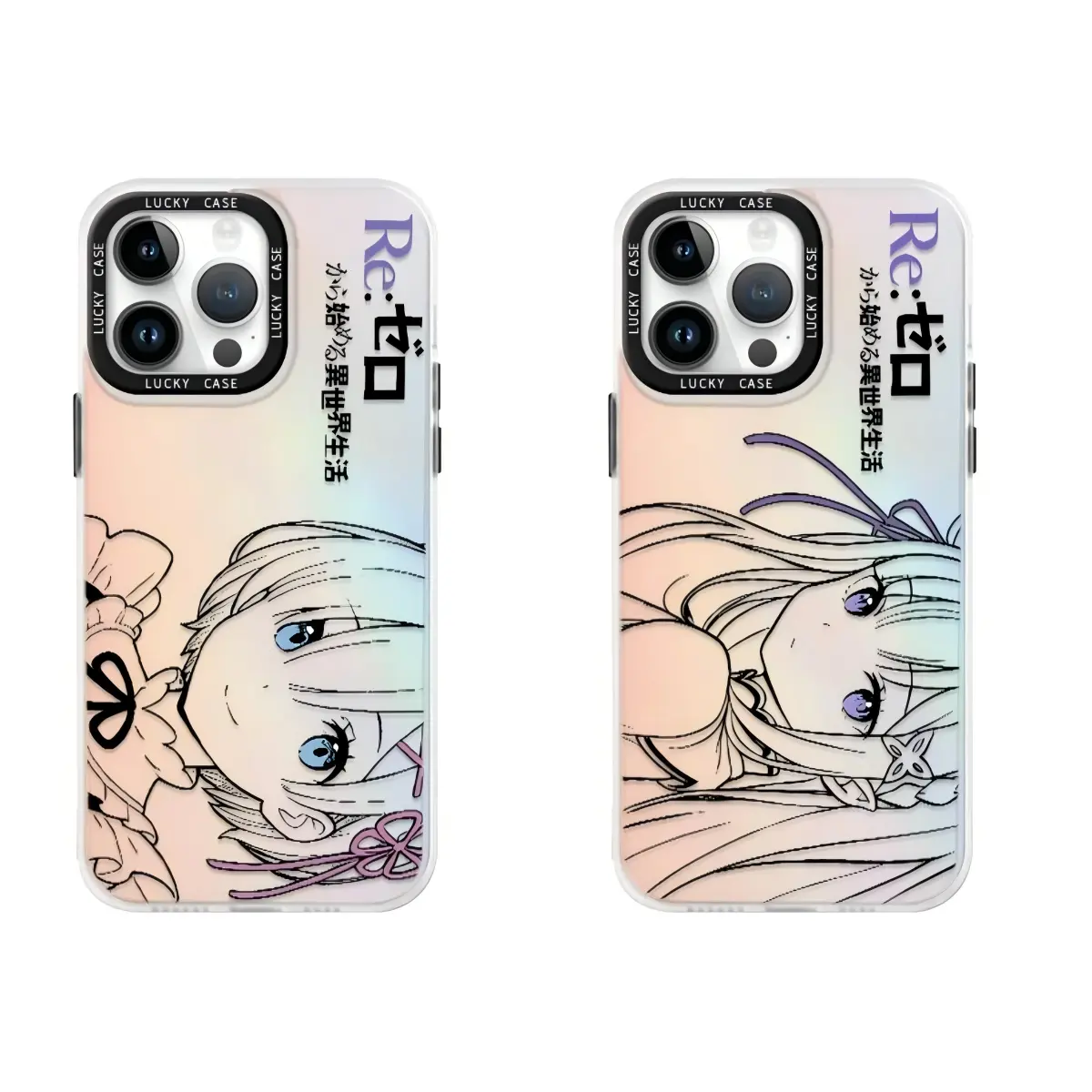 Re:0 Rem & Emilia Anime Iridescent Chameleon Color Shift IMD Phone Case, Black Camera Frame, Soft TPU Bumper, Hard PET Back for iPhone 17 Pro Max, 16, 15, 14, 13, 12, 11 Pro Plus