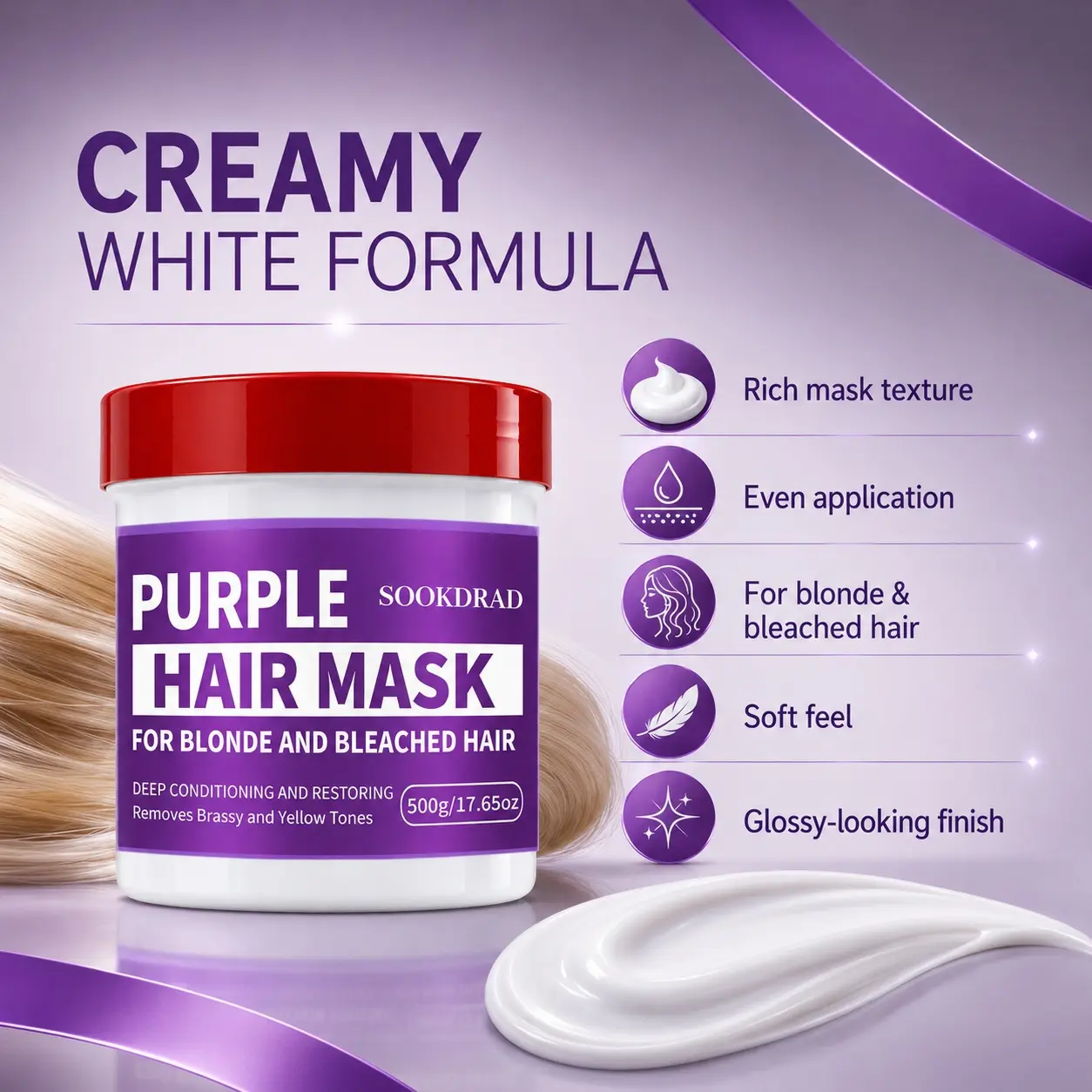 Purple Hair Mask, For Blonde Hair, For Bleached Hair, Remove Brassy Tones, Remove Yellow Tones, Deep Conditioning, 500g