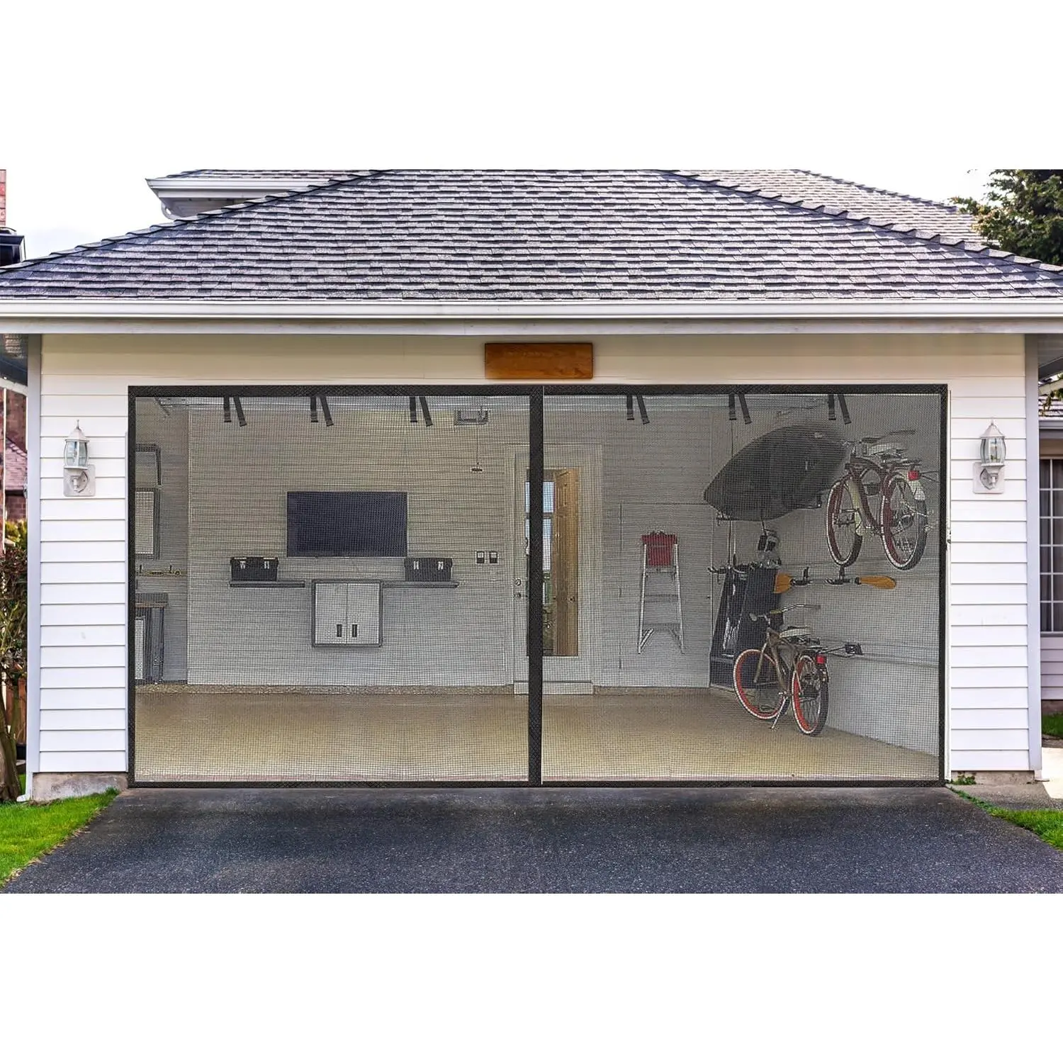 Garage Screen Doors for 2-Car Garage -16x7FT, Fiberglass, Black