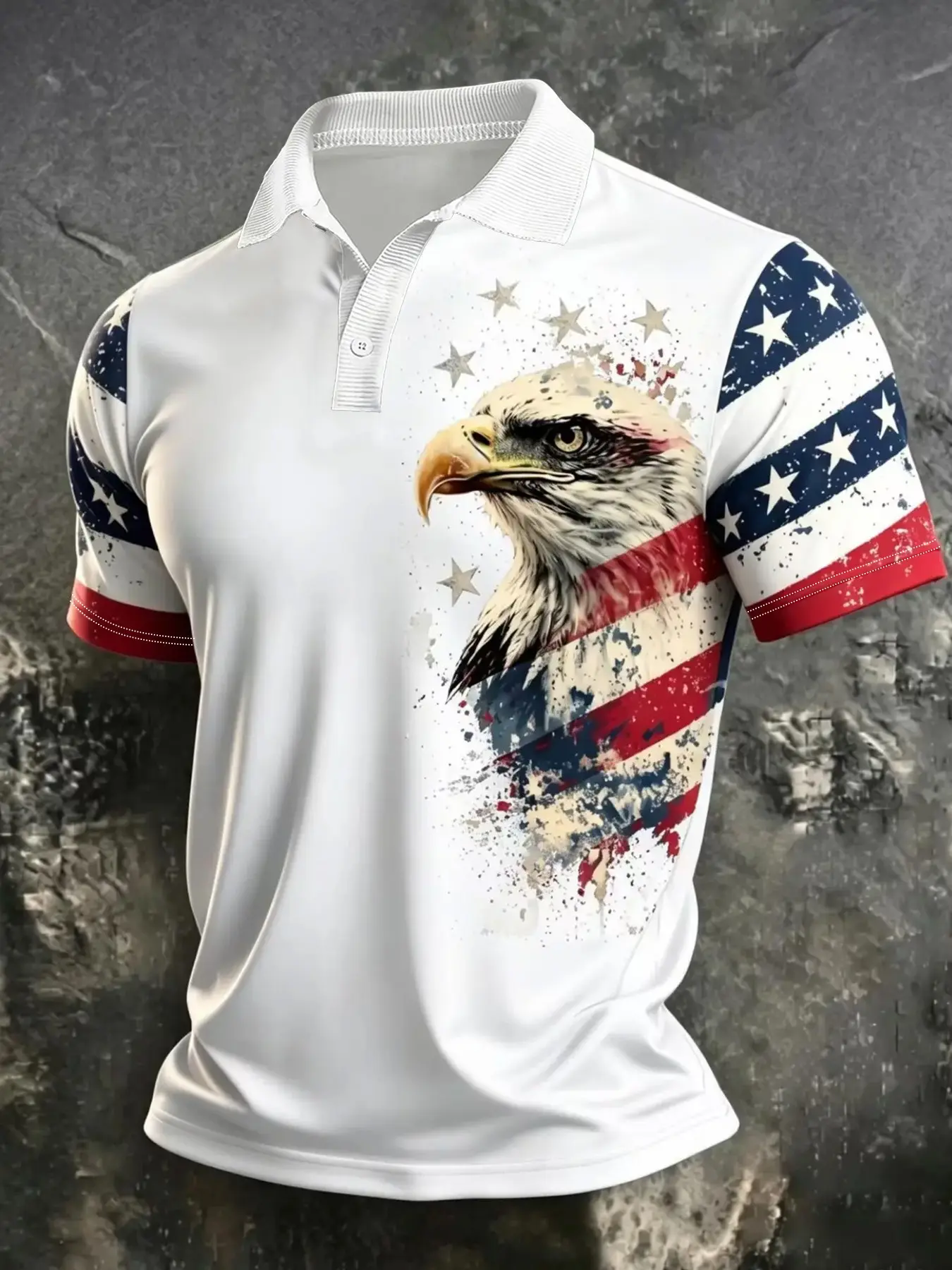American Eagle Star Spangled Splash Short Sleeve Polo Shirt, Ice-Feel Collar, Summer Retro Flag Outdoor Casual Top, Men's Clothing