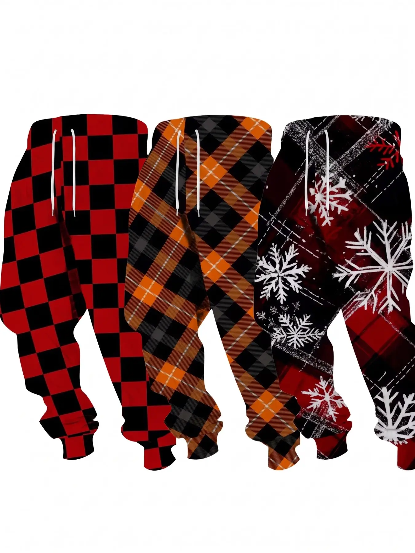 Men's Christmas Style Plaid All-Over Print Sweatpants, Checkered Retro Snowflake Drawstring Long Pants, Casual Fashion