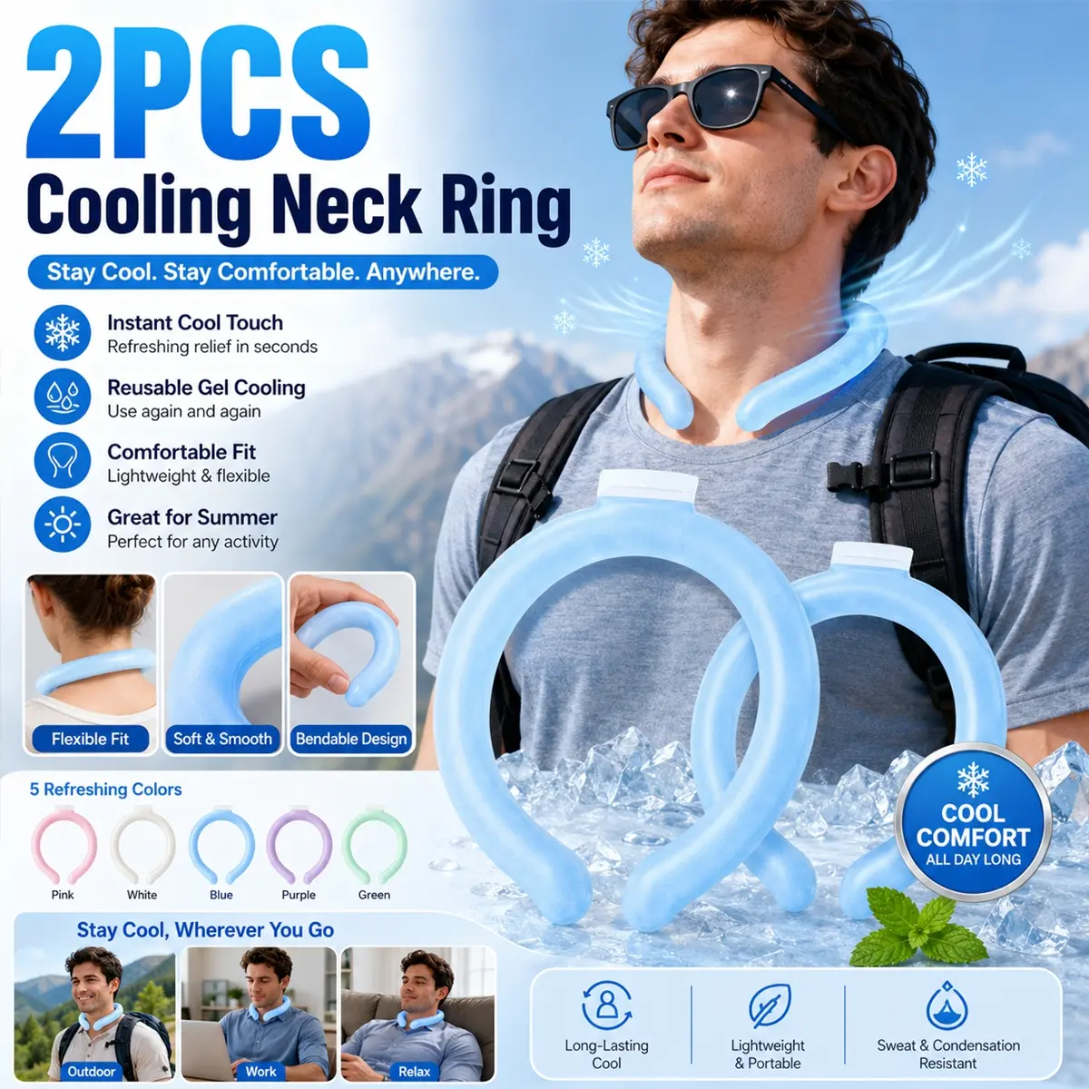 2PCS Neck Cooler Ring, Wearable Reusable Instant Cooling Tube for Hot Weather, Leakproof PCM Cooling Collar with Soft Flexible Fit, Portable Ice Neck Wrap, Neck Ice Pack, for Men Women, Ideal for Sports, Office, Home, Travel and Outdoor Work