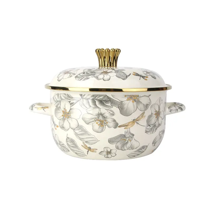 1pc Elegant Dragonfly Flower Enamel Pot, Thickened Dual Ear Soup Pot, Non-Stick, Easy Clean, Kitchen Cookware, Compatible with All Stoves, Gift Idea