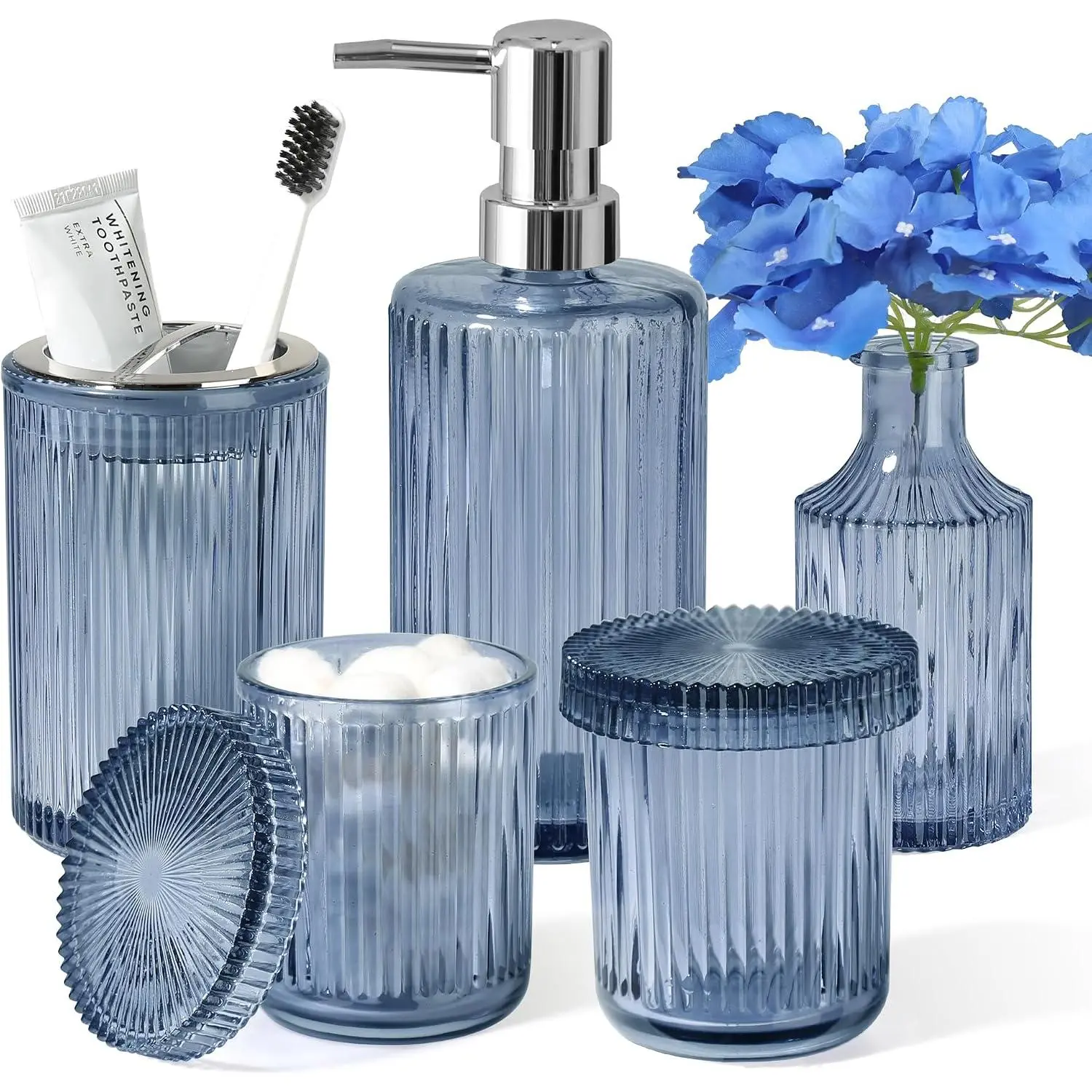 Blue Bathroom Accessories 5 Pcs, Glass Bathroom Accessory Set, Vintage Blue Bathroom Set, Soap Dispenser and Toothbrush Holder Set, Holder, Small Flower Vase, Modern Bathroom Decor