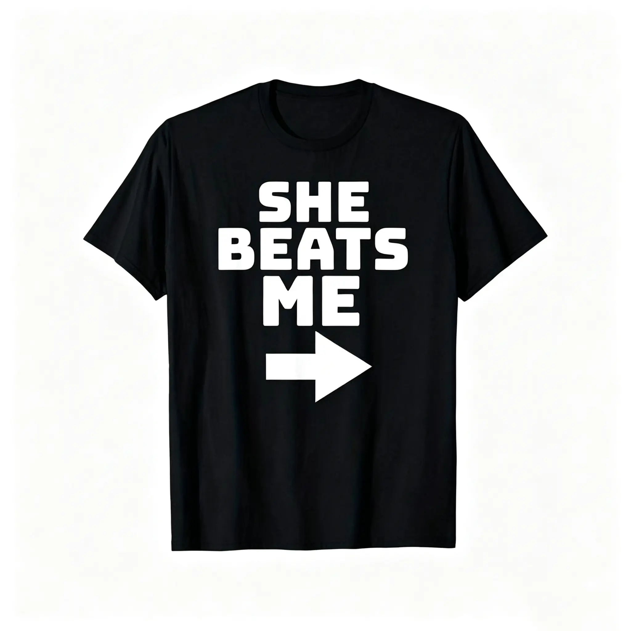 She Beats Me With Right Arrow Funny Matching Couple Graphic Short Sleeve Top, Humorous Husband Wife Slogan Tee, Cute Relationship Joke Casual Outfit For Men