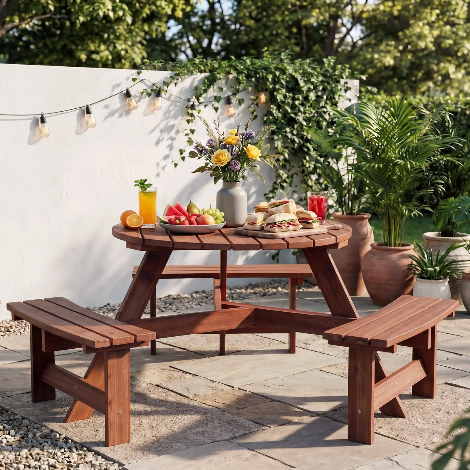 6 Person Round Wooden Picnic Table Set - 3 Benches Included - Outdoor Dining with Umbrella Hole - Perfect for Garden, Backyard, Camping - Brown/Natural Wood