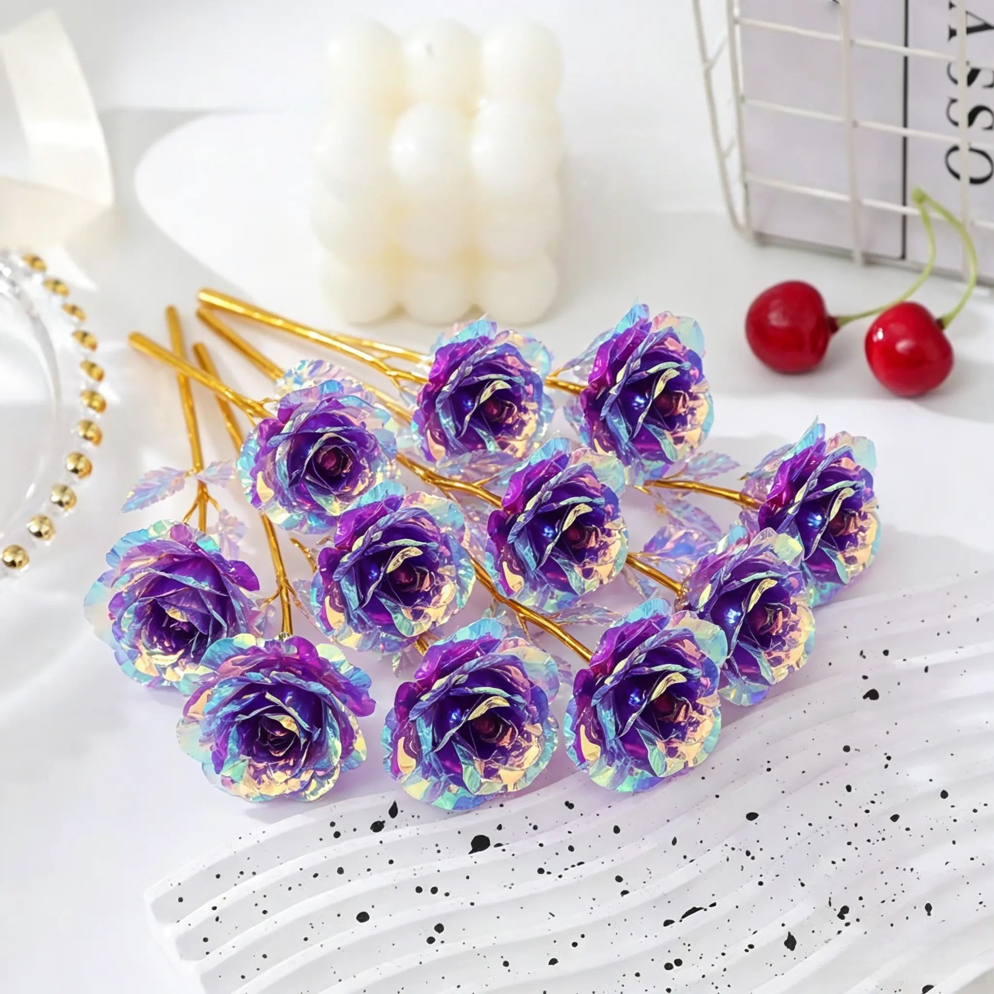 10pcs Gradient Purple Gold Rose Set - Artificial Rose, Vase Decoration, Floral Decoration, Artificial Flower Decorations, Suitable for Wedding, Mother's Day, Valentine's Day, Birthday Decoration
