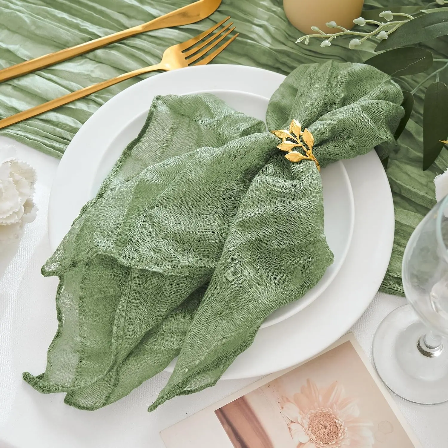 12 Pack Cheesecloth Napkins 20"x20" Sage Green Gauze Boho Napkins | Cheese Cloth Napkins Boho Gauze Bulk Rustic Dinner Table Decor for Wedding Bridal Baby Shower Party