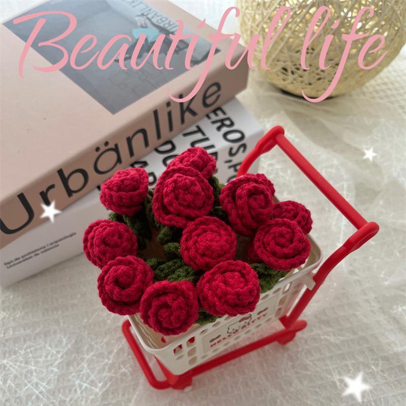 Rose Crochet Coasters with Plant Pot Handmade Knitted Flower Bouquet Coaster Coffee Table Cupmat Placemat Home Office Decor