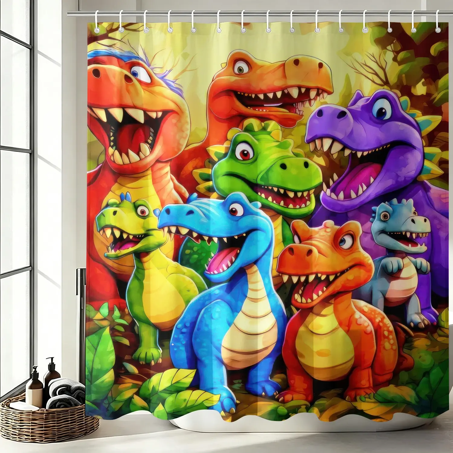 1Pc Colorful Jungle Dino Kids Boys Shower Curtain, Cute Cartoon Dinosaur Aesthetic Bathroom Decor, Waterproof Fabric Bath Curtain with Hooks, Quick Dry Machine Washable Fun Fabric Bath Accessory