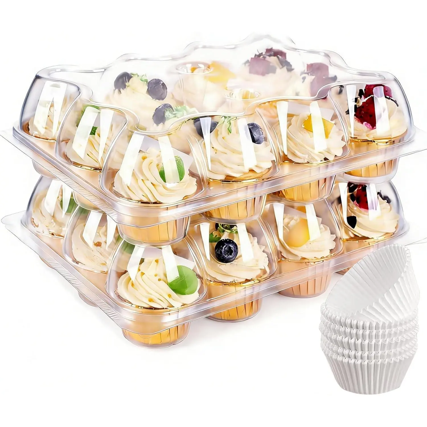 12 Sets (12 Count Each) Stackable Disposable Plastic Cupcake Carrier with 150 Pack Liners, Cupcake Storage Containers Holder Trays with Tall Dome Lid