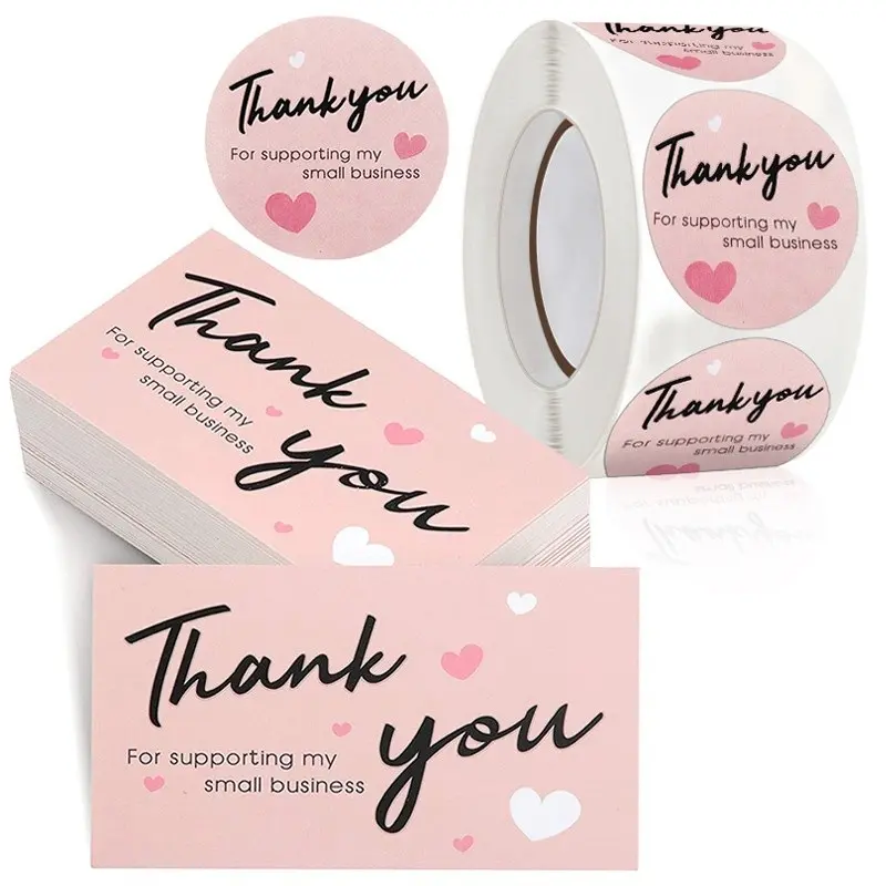 Thank You Sticker & Card Set, 50pcs Cards & 500pcs Roll Stickers, Gift Packaging Versatile Decorative Stickers, Round Labels for Gifts