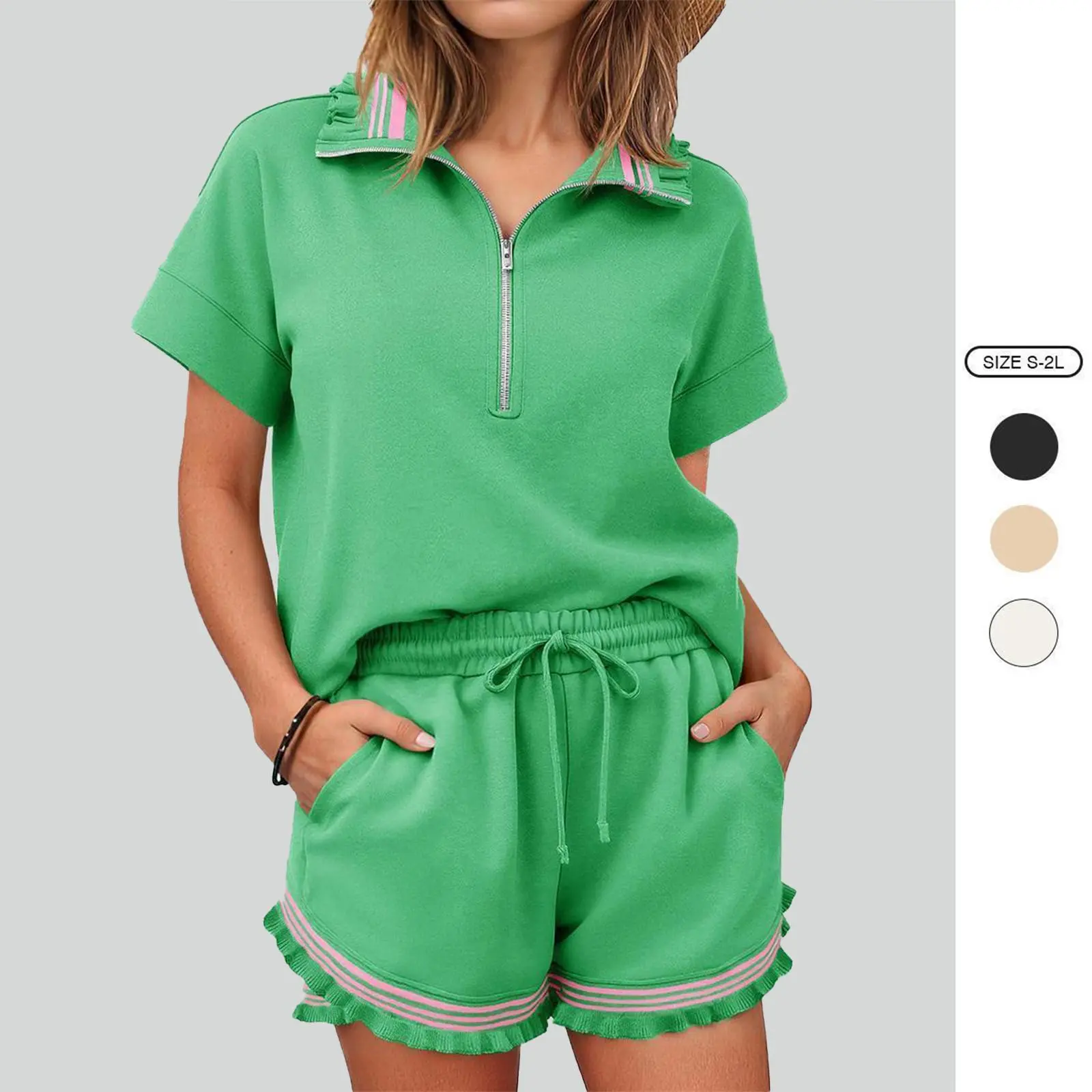 Imily Bela 2 Piece Outfits Short Sets for Women Sweatsuit Casual Tracksuits Summer Half Zip Ruffle Tops Matching Sets Imily Bela 2 Piece Outfits Short Sets for Women Sweatsuit Casual Tracksuits Summer Half Zip Ruffle Tops Matching Sets