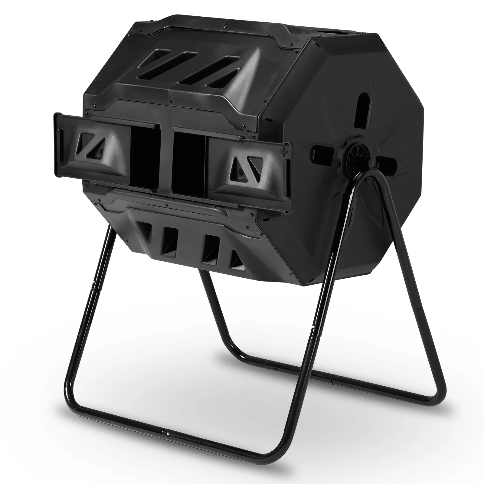 UGEM 42 Gallon Dual-Chamber Compost Tumbler for Outdoor Garden, 360° Rotating Heavy-Duty Composter Bin with Aeration Holes for Fast Nutrient-Rich Soil, Black Yard Waste Maker