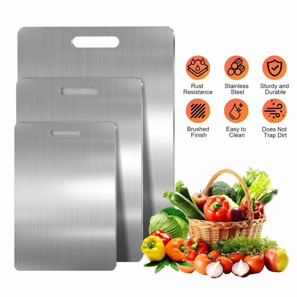 3-Pieces Stainless Steel Cutting Board Set, Food-Grade Metal Chopping Boards for Meat & Vegetables, Ultrathin Sturdy Rust-Resistant Edge-Smoothing Kitchen Supplies for Home Baking Daily Prep, Portable Easy to Clean (S+M+L)#DealsForYouDays