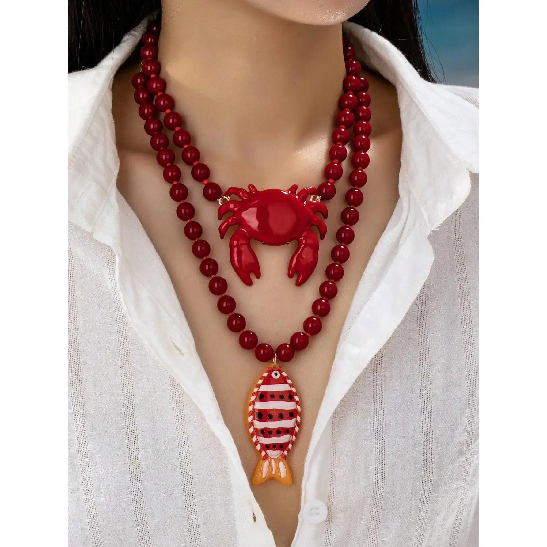 1pc Red Beaded Crab & Fish Pendant Necklace - Bold Ocean Style Statement Necklace With Marine Life Pendant - Beach Vacation Jewe
