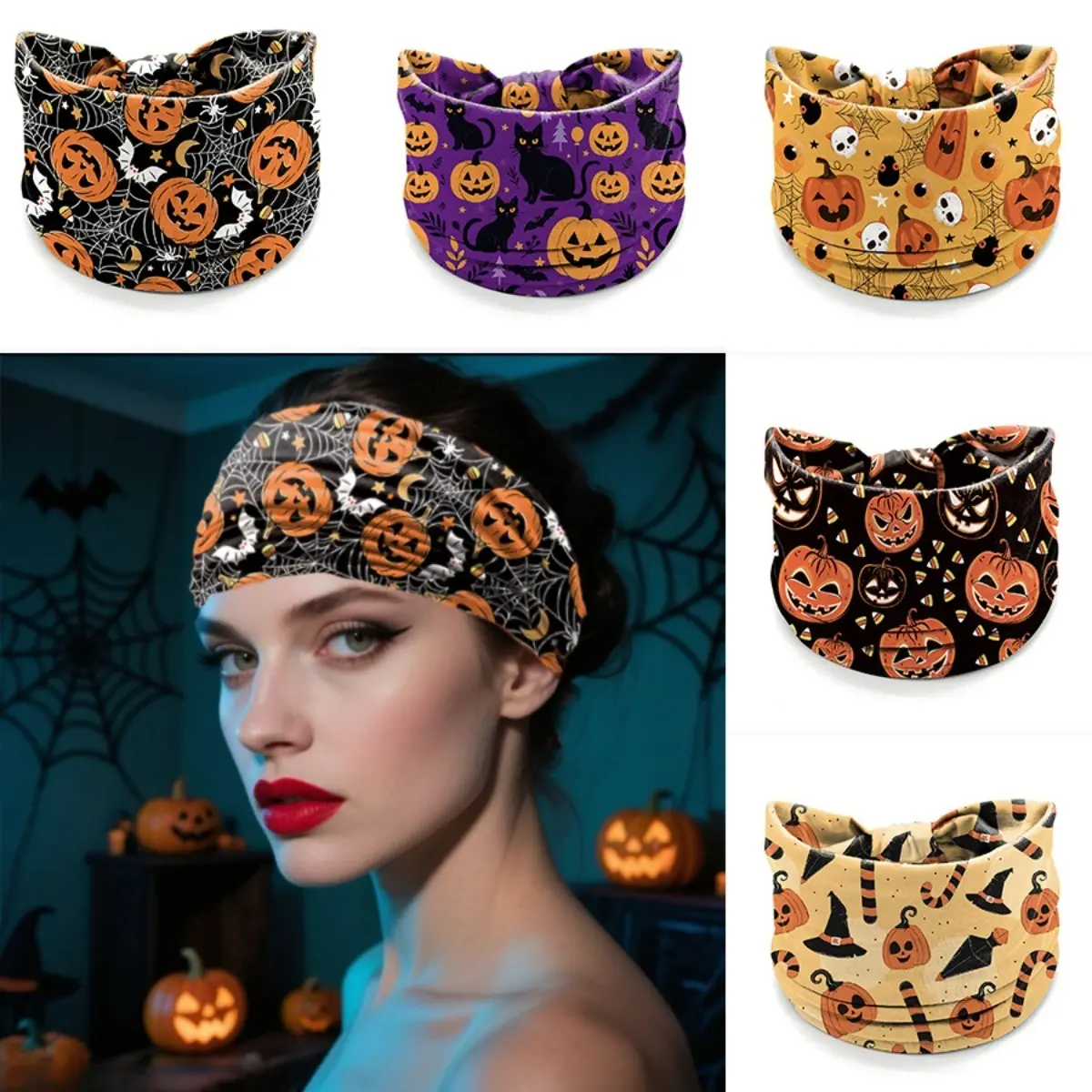 4-Pack Halloween Skull Print Elastic Bands Headband - Wide-Banded, Soft Fabric, Stretchy Knotted Turban Hair Accessory for Party Wear & Daily Use (DIY Bag Accessories Compatible)