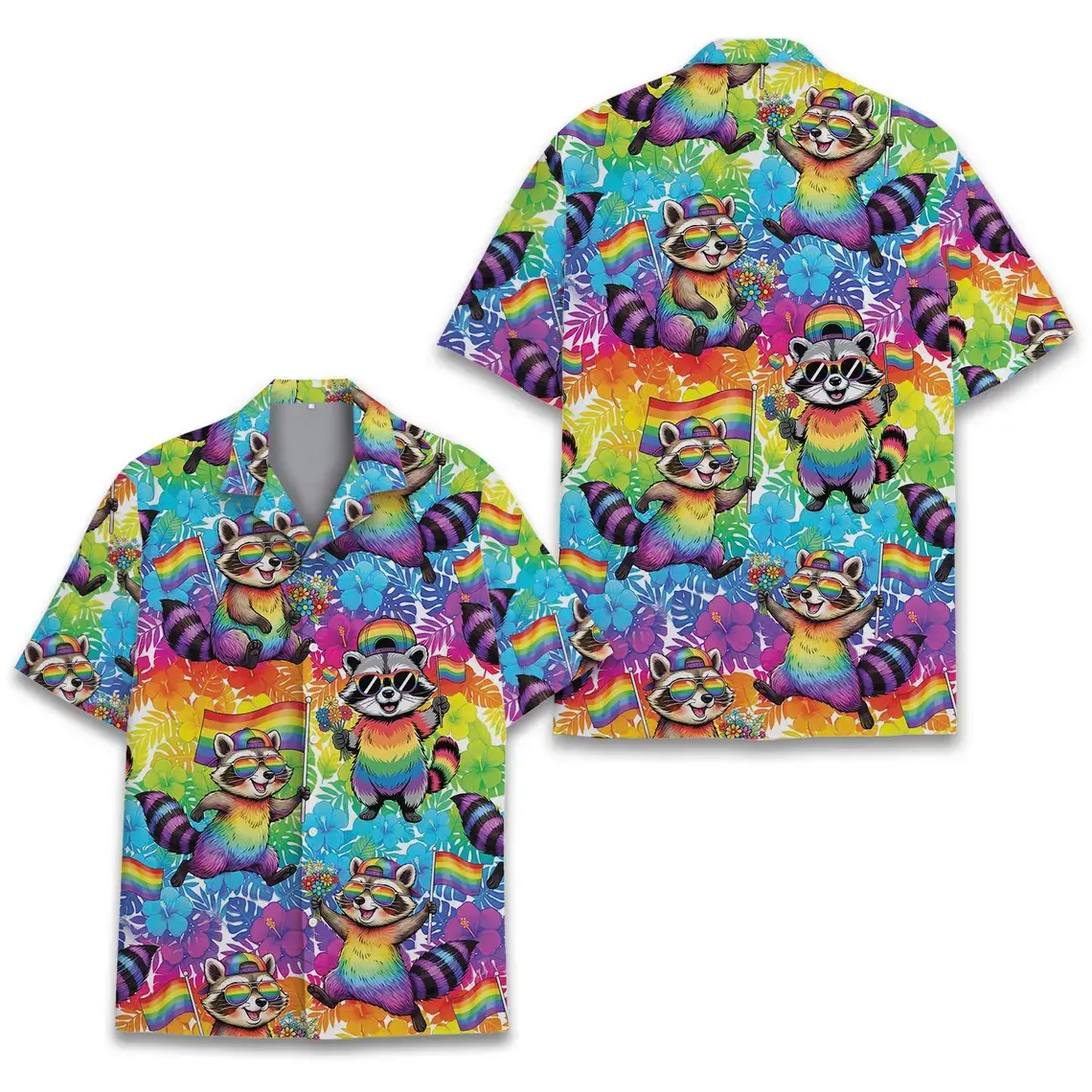 Pride Raccoon Hawaiian Shirt for Men Women Youth, Rainbow Raccoon LGBT Aloha Button Up Shirt, Tropical Floral Pride Parade Outfit
