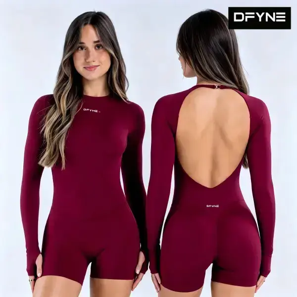 DFYNE Women's Seamless Long Sleeve One Piece Jumpsuit - Form-Fitting Yoga Unitard & Activewear Catsuit