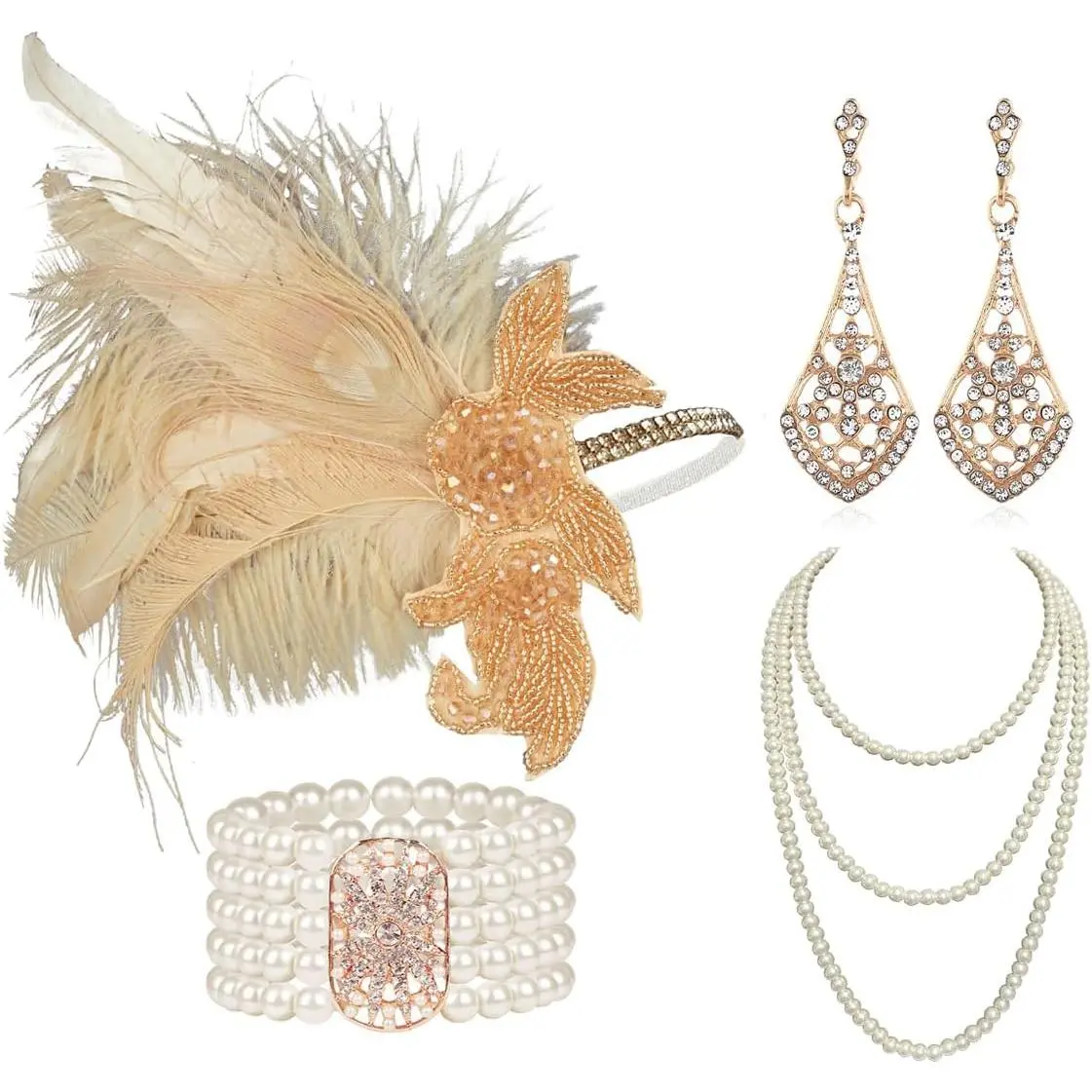 Women's 4-Piece 1920s Flapper Costume Accessories Set - Party Wear with Feather Headband, Pearl Necklace, Earrings, Long Gloves, Comfortable Size for Gatsby Theme Parties