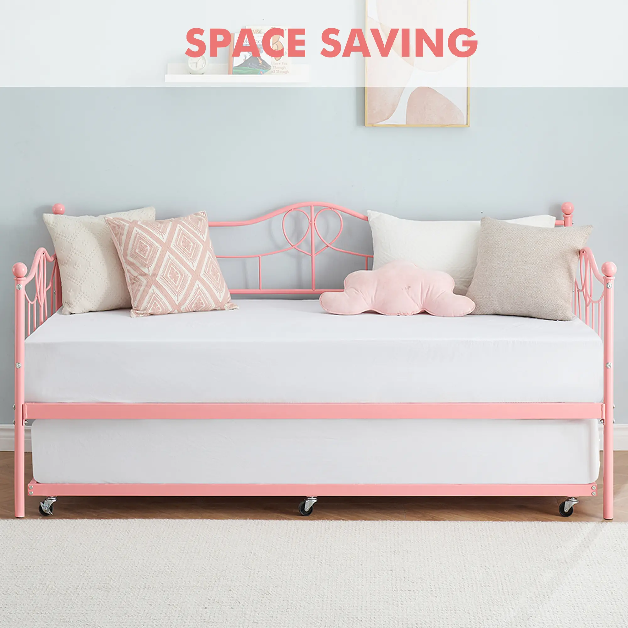 Space Saving Twin Metal Daybed with Pull Out Trundle Bed, Heavy Duty Steel Slat Support Sofa Bed Frame for Kids Teens Adults, Multi Room Use No Box Spring Required