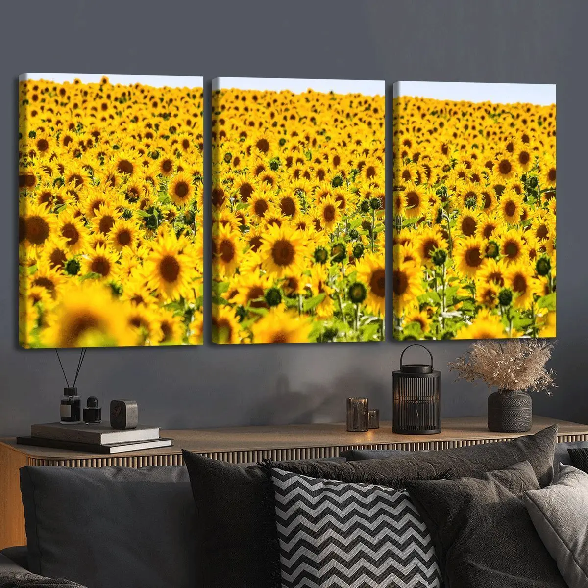 3-Piece Decorative Framed Sunflower Field Canvas Wall Painting - Wood-Framed Ready-to-Hang Countryside Scene Art - For Living Room, Christmas Gift For Her Home Decor