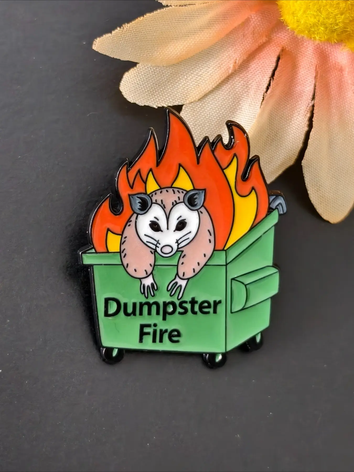 "Dumpster Fire" Opossum Enamel Pin, Funny Meme Trash Can Fire Animal Lapel Badge, Weird Humor Cartoon Brooch for Jacket Backpack Decor Accessory Gift, Lapel Pins