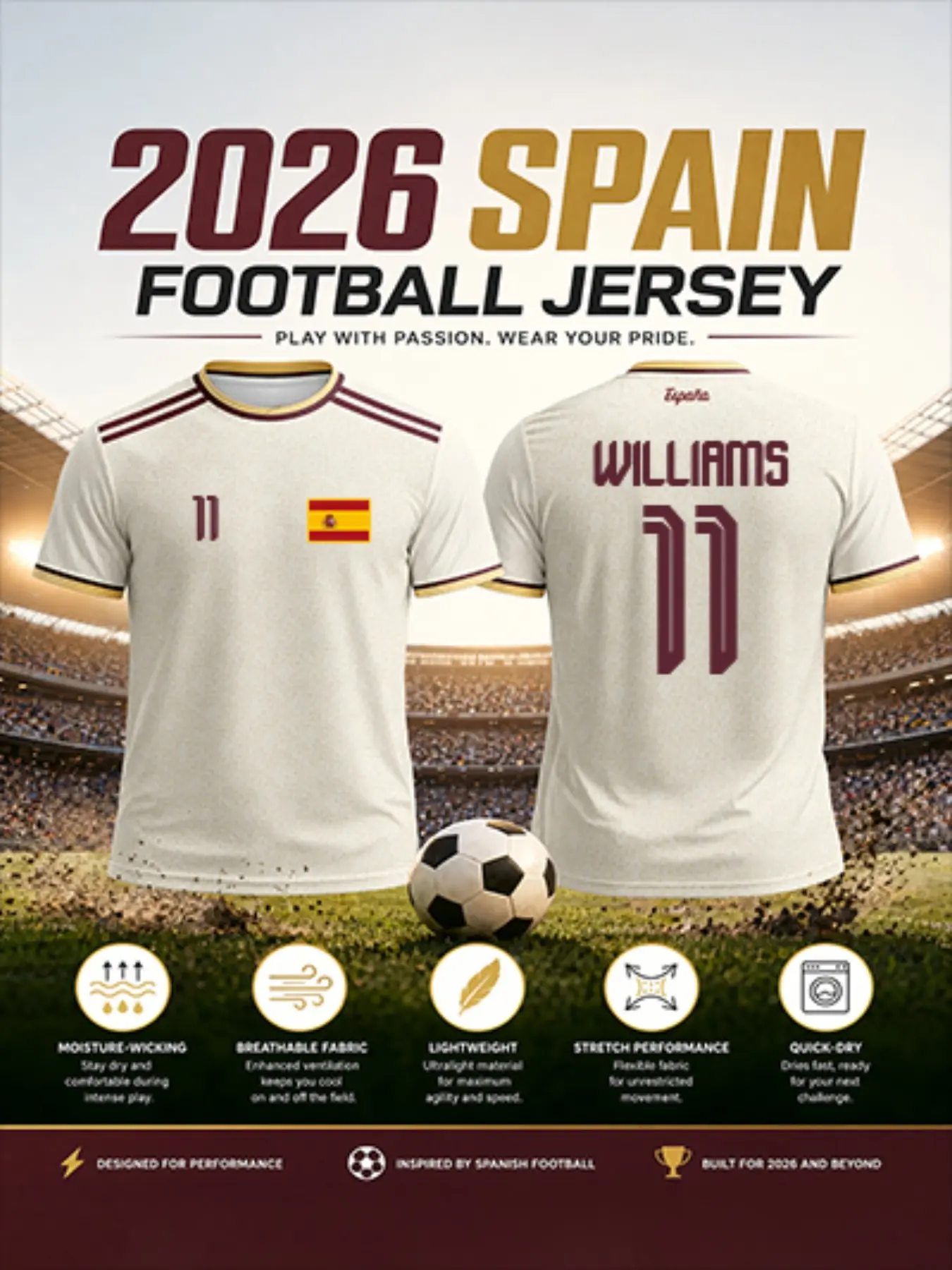 2026 Spain Away Soccer Jersey, Gold Letter Print, Burgundy Trim, Quick-Dry Breathable Short-Sleeve, Sporty Fitted Design for Fans