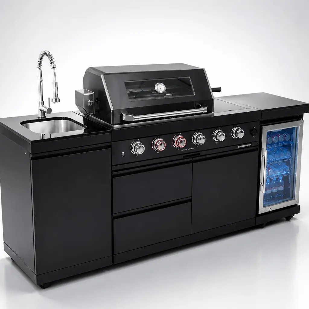 85-Inch Traditional Outdoor Kitchen Gas Grill Island, Stainless Steel with Granite Countertops, All-in-1 Patio BBQ with 4 Burners, Refrigerator, Sink & Rotisserie, Bbq Burner, Freestanding Barbecue Station, Grilling Outdoor Cooking, Outdoor Barbeque