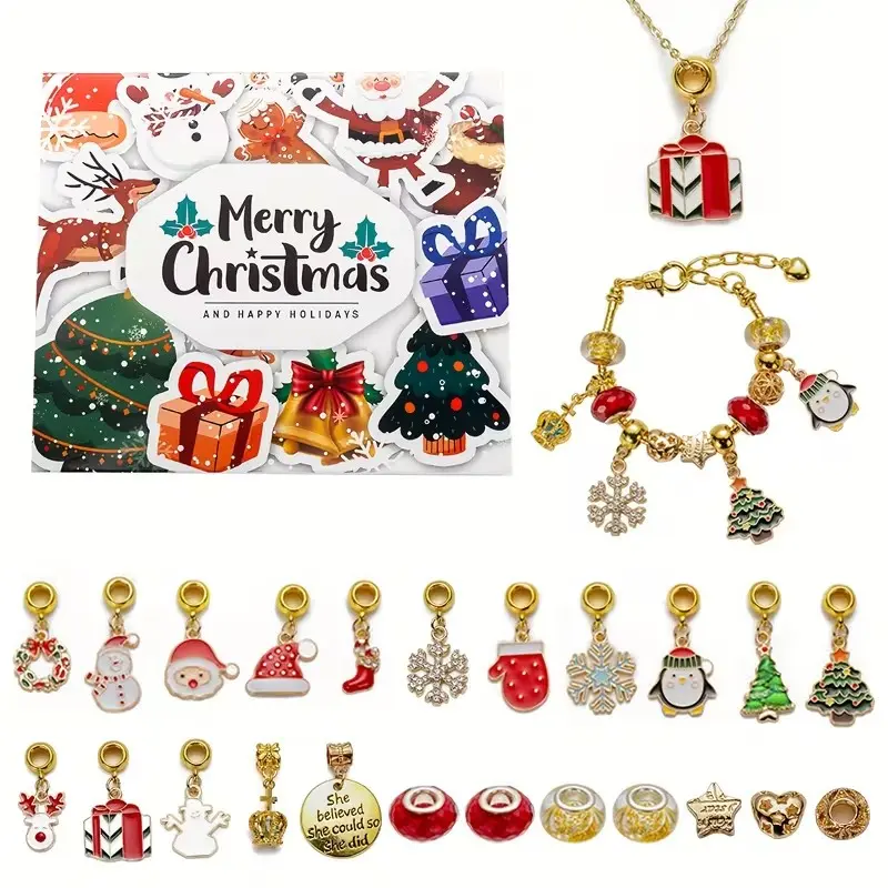 2026 Christmas Countdown Calendar DIY Bead Set, Alloy Jewelry Advent Tree Bracelet Gift Box, Bead Bracelet Making Kit, Ages 14+