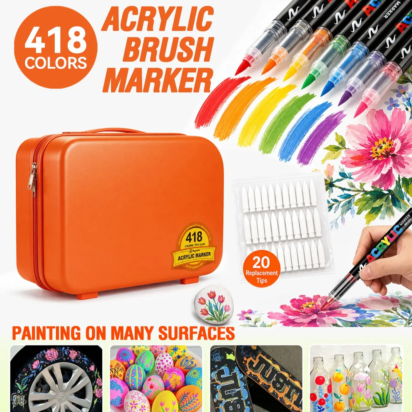 418 Colors Direct Liquid Soft Tip Acrylic Markers, Portable Luggage Set, Ideal for Rock Art, Calligraphy, DIY Crafts, Students, Office Use