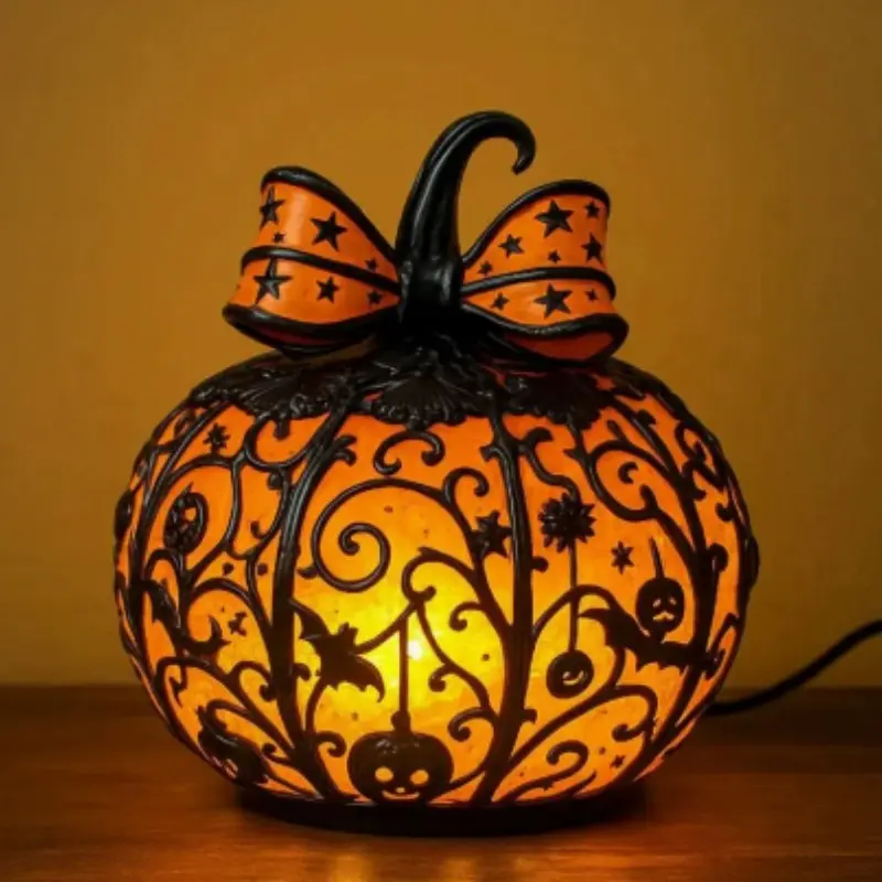 Tiffany Style Halloween Pumpkin Lamp, Elegant Light Up Pumpkin Decor Light, Aesthetic Unique Atmosphere Ornament For Desktop Window Home Decor, Soft Glow Pumpkin Light For Halloween Party Cafe Shop Display, Premium Cute Spooky Decor Accessory & Novelty Ho