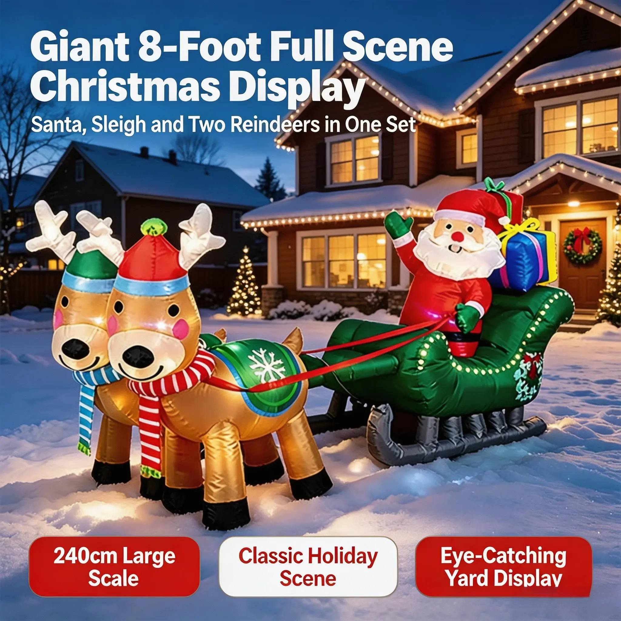 8ft Christmas Inflatable Santa Claus on Sleigh with 2 Reindeer, Built-in LED Lights, Plug-in Holiday Decoration for Yard, Lawn, Outdoor Xmas Festive Ornaments Set