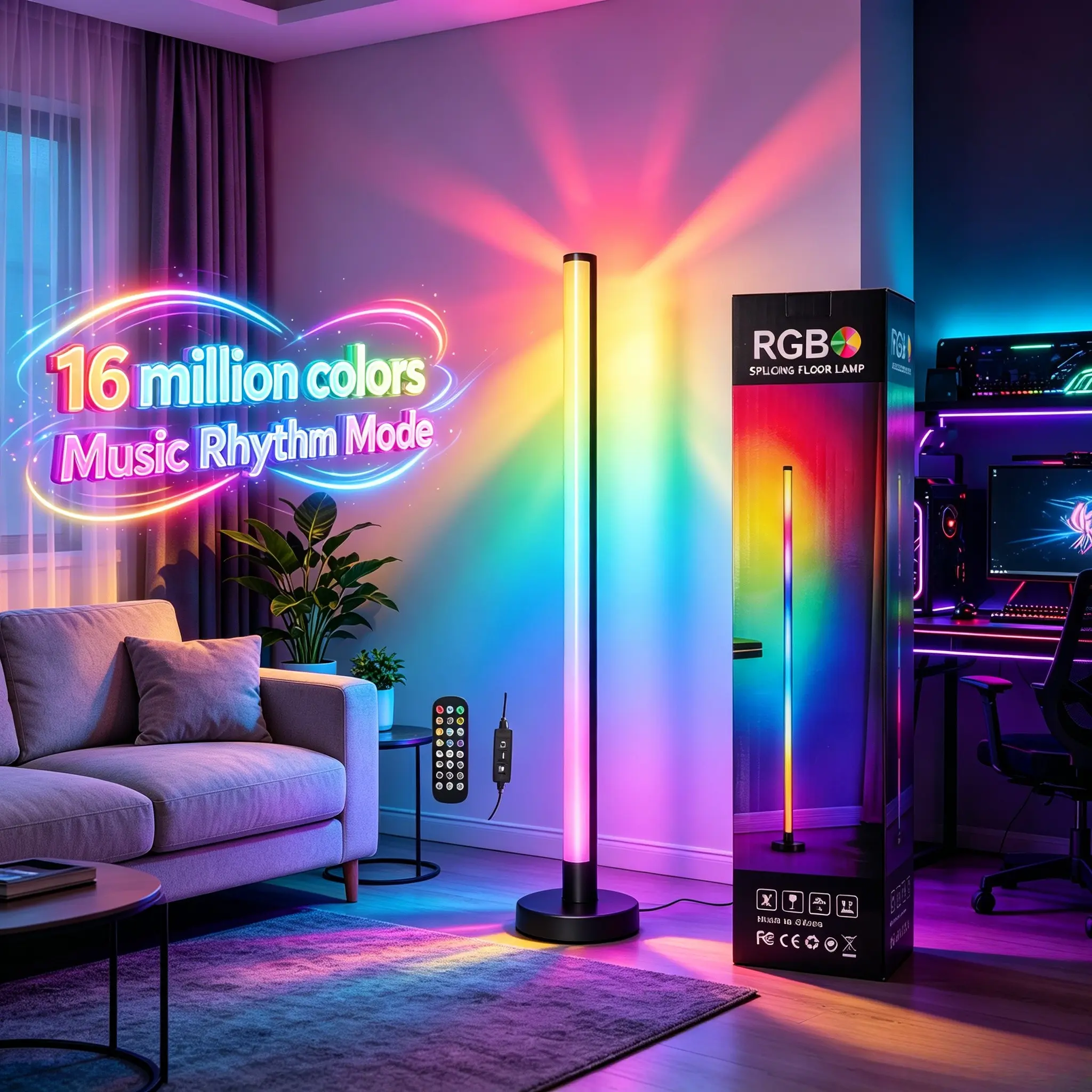 120cm RGB Corner Floor Lamp, Smart LED Mood Light with Music Sync, App & Remote Control, 16M Color Changing Dimmable Gaming Lamp for Bedroom Living Room Dorm Game Room Decor