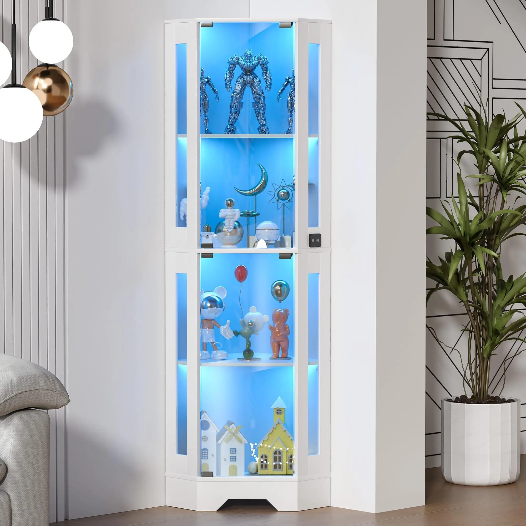 65" Corner Display Cabinet with Glass Doors, Smart Motion Sensor LED Light, 4-Tier Curio Cabinet with 3-Color Adjustable Lighting
