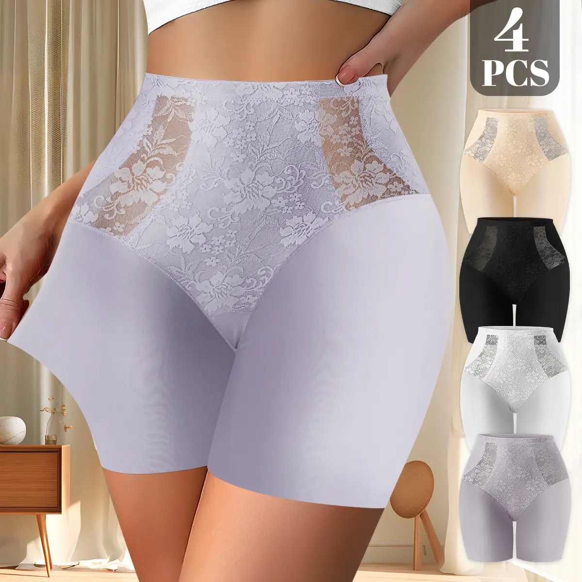 QUASTI 4 Pack Women's High Waist Lace Shorts, Solid Color Elasticity Skin-friendly Shapewear underwear , Tummy Control Anti-Chafing Under Dress Shorts Daily Wear, S-4XL