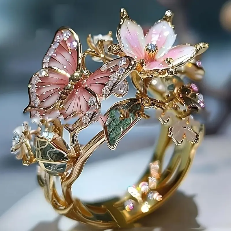 Statement Open Ring for Women, Gold Flower & Glitter Butterfly with Crystal Enamel, Adjustable Fairycore Jewelry Gift, Gold Flower Rings, Flower Shape Rings