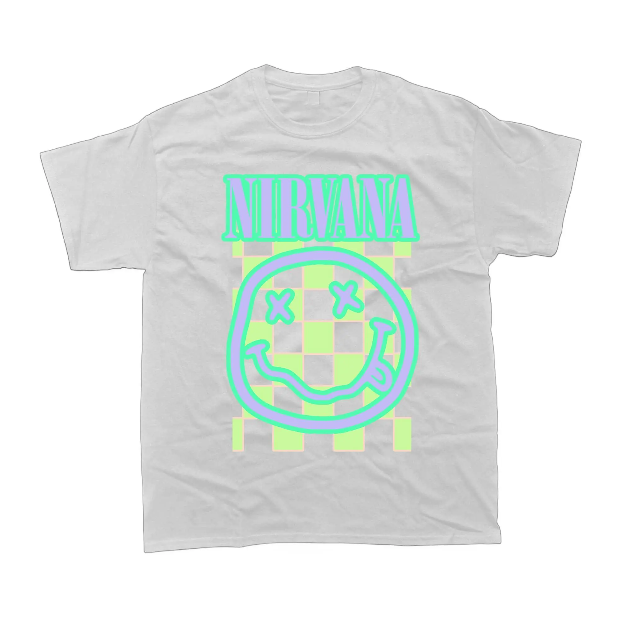 Nirvana Smiley Face Graphic Tee Pastel Checkerboard Y2K Grunge Band Oversized T Shirt