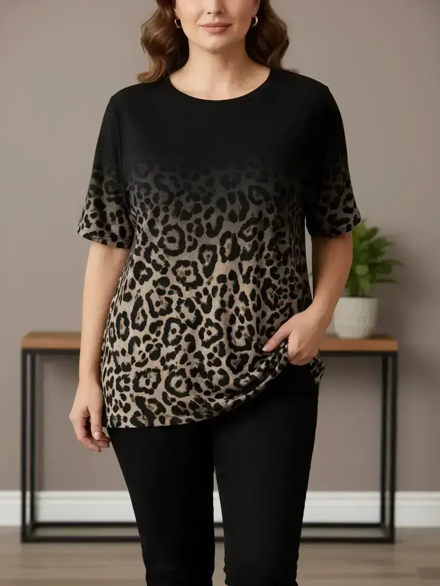 Women's Plus Size Casual Leopard Print Short Sleeve T-Shirt, Top, Polyester Blend Round Neck, Medium Stretch Knitted Fabric, Aesthetic Fashionable Comfort Fit for All Seasons, Clothes, Elastic, Garment